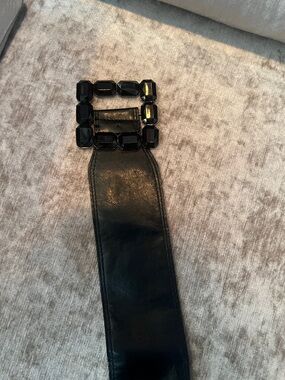 Vintage Black Wide Leather Belt with Faceted Black Gem Buckle